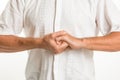 Man performing various yoga hand gestures called `mudras`