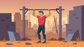 A man performing virtual reality pullups in a postapocalyptic world surrounded by ruins and debris.. Vector illustration