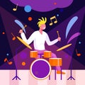 Man performs on stage and plays drums on stage. Concept of creating music, hobby