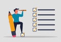 A man performs tasks, completing assignments to the end. List of cases or tasks, business project implementation. The man holds a Royalty Free Stock Photo