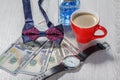 Man perfume, bow tie, cup of coffee, watch with a black leather