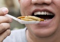 Man person opening her mouth eating bamboo worm insect or Bamboo Caterpillar on spoon. Food Insects for eat as food items, it is