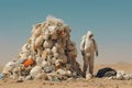 A man with a personal protective equipment standing by a mountain of garbage, trash and plastic waste Royalty Free Stock Photo