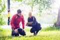 Man with personal trainer at debriefing Royalty Free Stock Photo