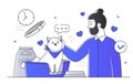 A man petting a content cat with icons of love and time