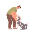 Man petting a dog showing the love between pet and owner, flat vector isolated.