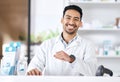 Man, pharmacy and shop portrait with happy and smile of pharmacist ready for healthcare support and work. Clinic, doctor Royalty Free Stock Photo