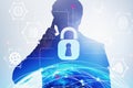 Man on phone, cyber security interface Royalty Free Stock Photo