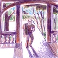 Man with phone enters pergola, sunlight and shadows, drawing with colored pencils