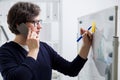 Man on phone near whiteboard Royalty Free Stock Photo