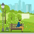 Man with Phone Online Negotiations in Park. Vector