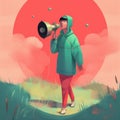 Vibrant Portraiture: A Dreamlike Illustration Of A Young Person Holding A Megaphone In The Grass