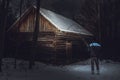 Man photographer standing in front of the abadoned and creepy cottage in forest in winter. Man on expedition is shinning with Royalty Free Stock Photo