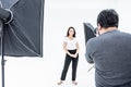 A man photographers are shooting pretty women in the studio with lighting equipment, To get a perfect and beautiful image Royalty Free Stock Photo