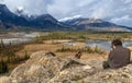 A man photographing a bighorn sheep Ovis canadensis, Jasper Na