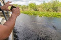 Man photographing close alligator from airboat in Everglades national park, Florida, United States of America