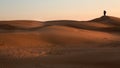 A man photographs the sand dunes of the desert. Photographer in the desert. Yellow sand Royalty Free Stock Photo