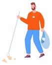 Man picking trash in bag. Environment cleaning person