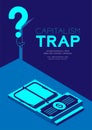 Man pictogram and question mark open the door to dark room with isometric Mousetrap and banknotes, Doubt Capitalism trap concept Royalty Free Stock Photo