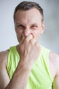 Man Pinches Nose Looks With Disgust Something Stinks Bad Smell