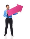 Man with pink arrow