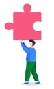 Man with pink detail of huge puzzle, part of business team, business project, vector cartoon style