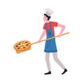 Man Pizzaiolo in Toque Carrying Pizza on Wooden Shovel Vector Illustration Royalty Free Stock Photo