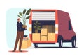 Man with plant at truck car with cardboard boxes delivering or shipping to new house for relocation