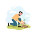 Man planting garden flowers in soil. Male working in garden. Cute vector illustartion in flat cartoon style Royalty Free Stock Photo