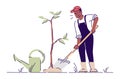 Man planting tree flat vector character. African american farmer gardening cartoon illustration with outline. Growing