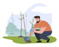 Man planting tree at garden vector flat male volunteer agricultural worker wood sapling Royalty Free Stock Photo