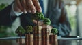 Man plants trees on stacks of coins as a gesture of sharing