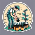 A man plants seedlings in a greenhouse