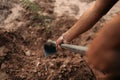 Man plants a small tamarind tree, hands holds shovel digs the ground garden. Farm and argiculture at countryside concept Royalty Free Stock Photo