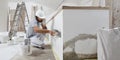 Man plasterer construction worker at work, takes plaster from bucket and puts it on trowel to plastering the wall, wears helmet Royalty Free Stock Photo