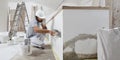 Man plasterer construction worker at work, takes plaster from bucket and puts it on trowel to plastering the wall, wears helmet