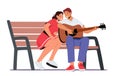 Man Play Guitar Sing Song to Woman Sitting on Bench. Guitarist Singing Serenade. Girl Hold Head on Boyfriend Shoulder