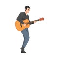 Man Playing Acoustic Guitar, Guy Musician Guitarist Character Performing at Concert Cartoon Style Vector Illustration