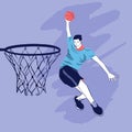 Man playing basketball, minimalist flat style vector illustration, basketball net, basketball ball, sportswear