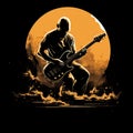 Aggressive Silhouette: Electric Guitarist Against Orange Moon