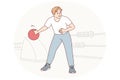 Man playing bowling swings hand to make great throw and knock down all pins. Vector image