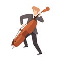 Man Playing Cello, Male Musician Contrabassist Character in Elegant Suit with Musical Instrument Vector Illustration