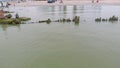 A man is playing with a cormorant. Aerial shot