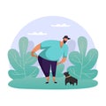 Man playing with dog. Flat guy strolling with pet