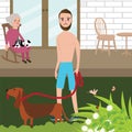 Man playing with dog shirt while old woman sitting in rock chair behind Royalty Free Stock Photo