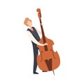 Man Playing Double Bass, Male Jazz Musician Character in Elegant Clothes with Musical Instrument Vector Illustration