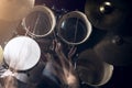 The man is playing drum set in low light background. Royalty Free Stock Photo