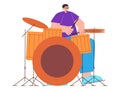 Man playing drum set music instrument drummer snare cymbal alone drawing flat colorful illustration young performance Royalty Free Stock Photo