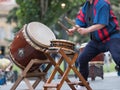 Man Playing Drums of Japanese Musical Tradition during a Public Outdoor Event Royalty Free Stock Photo