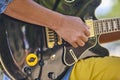 Man playing electric guitar detail. Musician. Musical instrument